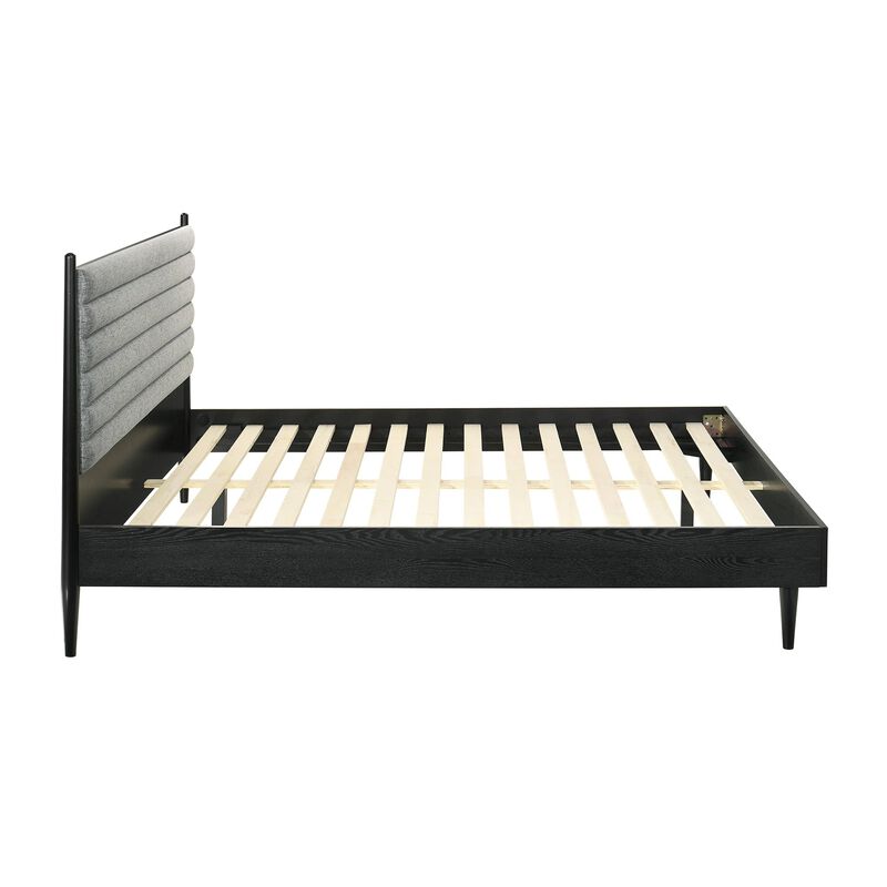 Benjara Mian King Platform Bed Frame, Channel Tufted, Black, Gray Upholstery