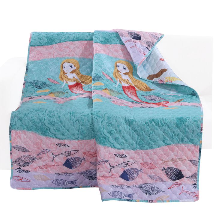 Wini 50 x 60 Inch Quilted Throw Blanket with Fill, Mermaid, Blue, Pink - Benzara