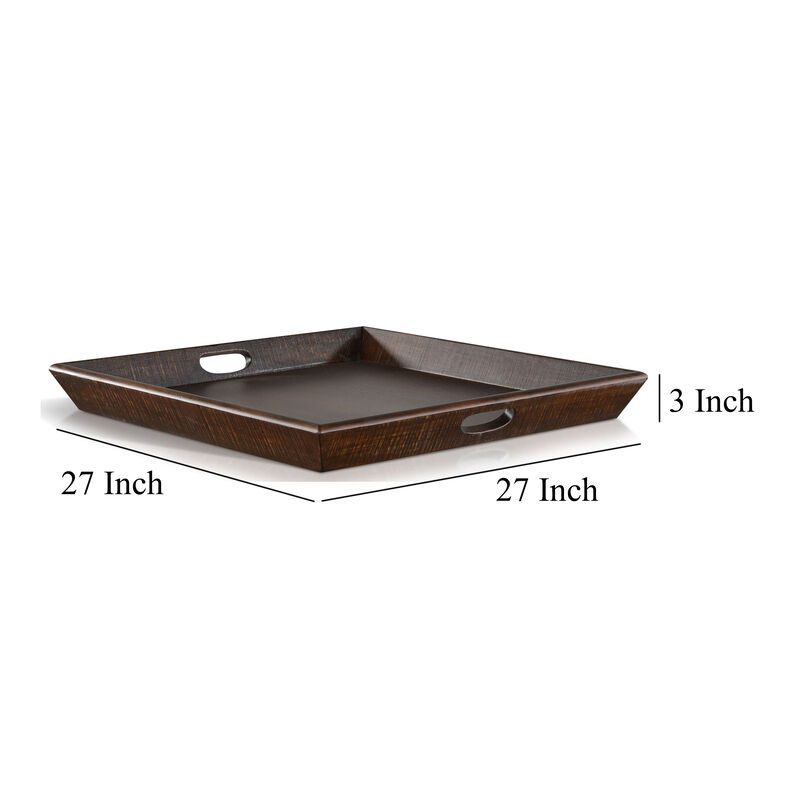 Flint Decorative Serving Tray, 27x27 Square Dark Rustic Oak Brown - Benzara