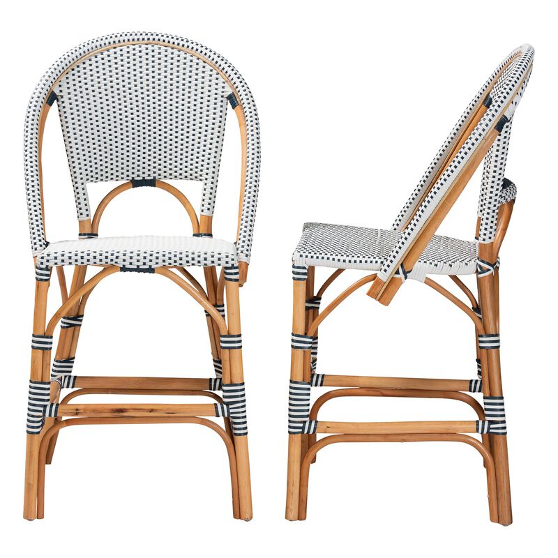 bali & pari Genica Classic French Two Tone Navy and White Weaving and Natural Rattan 2 Piece Counter Stool Set