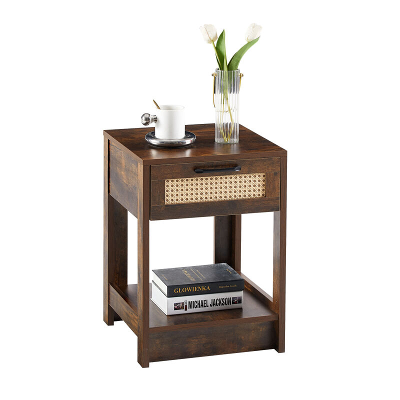 Rattan End Table with Drawer, Modern Nightstand, Side Table for Living Room, Bedroom, Rustic Brown
