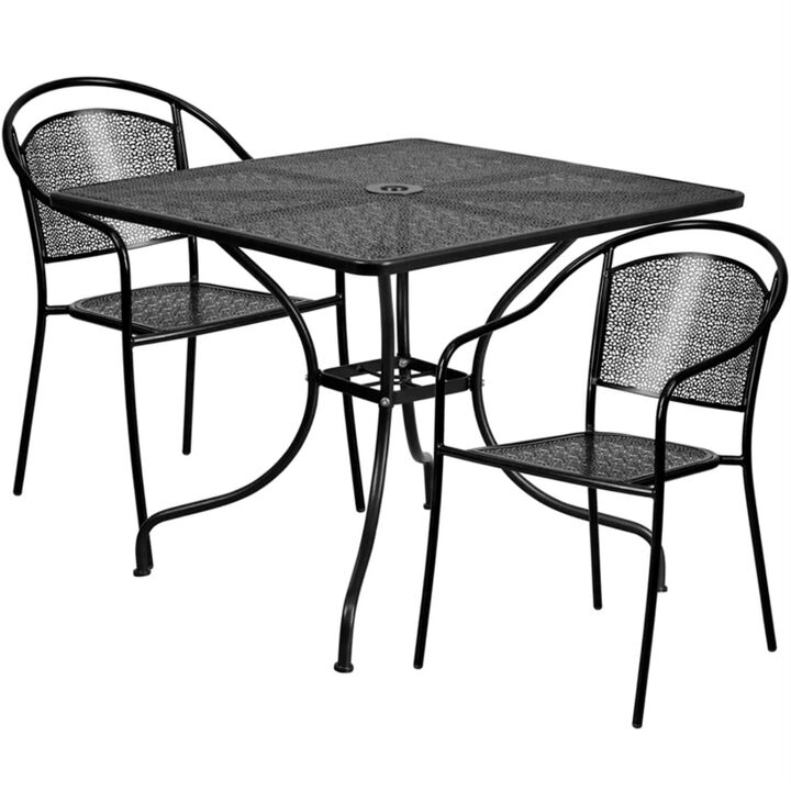 Flash Furniture Oia Commercial Grade 35.5" Square Black Indoor-Outdoor Steel Patio Table Set with 2 Round Back Chairs