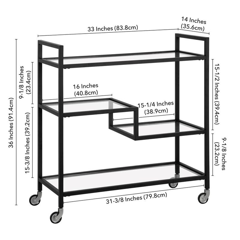 Hudson&Canal Lovett 33 Wide Rectangular Bar Cart with Glass Shelves in Blackened Bronze