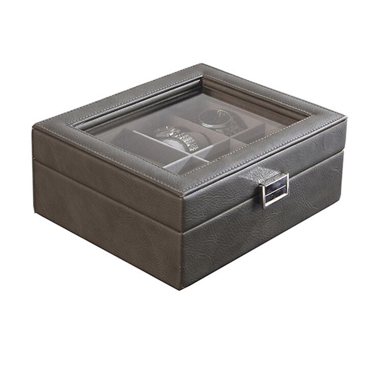 9 Inch Watch Case with 8 Spaces, Gray Faux Leather, Lined, Glass Lid, Black - Benzara