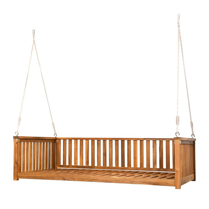 Mondawe Outdoor Twin Size Acacia Wood Swing Bed,Patio Garden Hanging Chair With A Hanging Rope