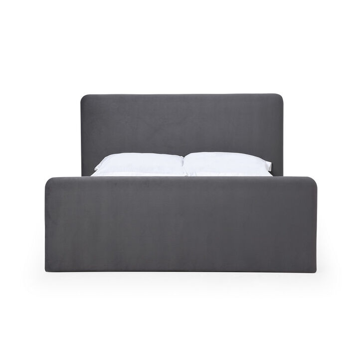 Cave Full Size Platform Bed, Soft Velvet Upholstered, Charcoal Gray - Benzara
