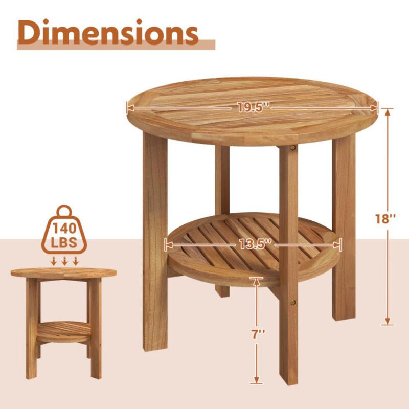 Outdoor Round Side Table Patio End Table with Slatted Storage Shelf for Garden or Backyard