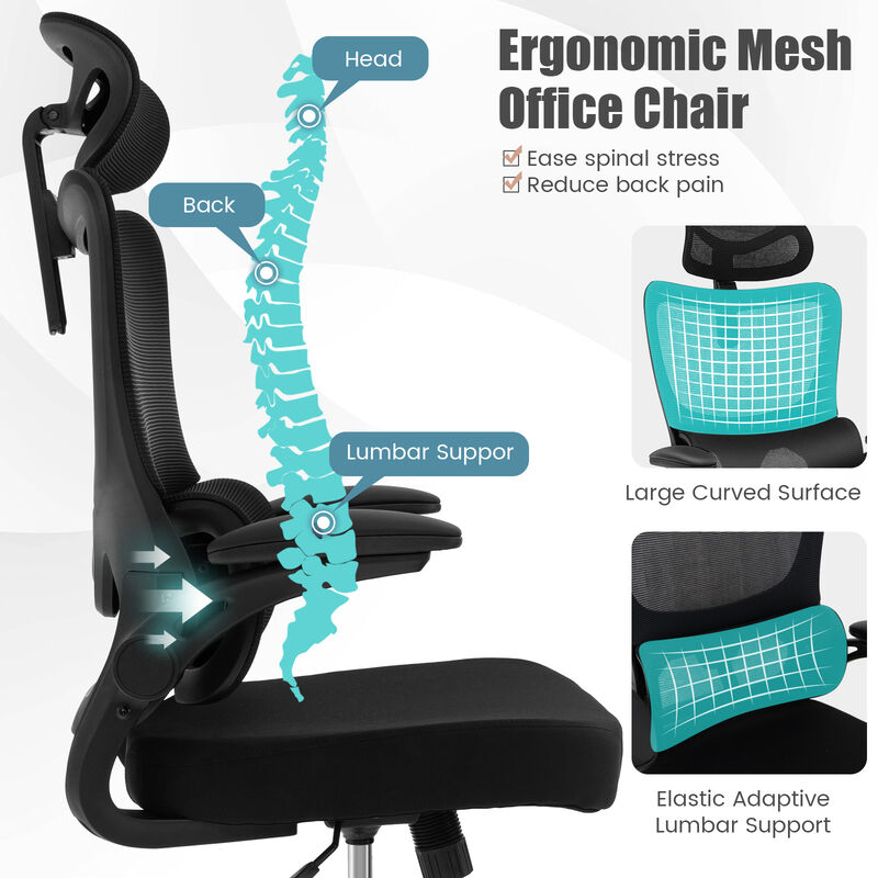 Mesh Office Chair with Adaptive Lumbar Support  Flip-up Armrests  Reclining Backrest-Black