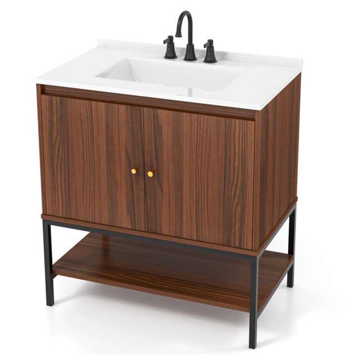 Solid Wood Walnut Bathroom Vanity with Sink, Soft-Close Storage