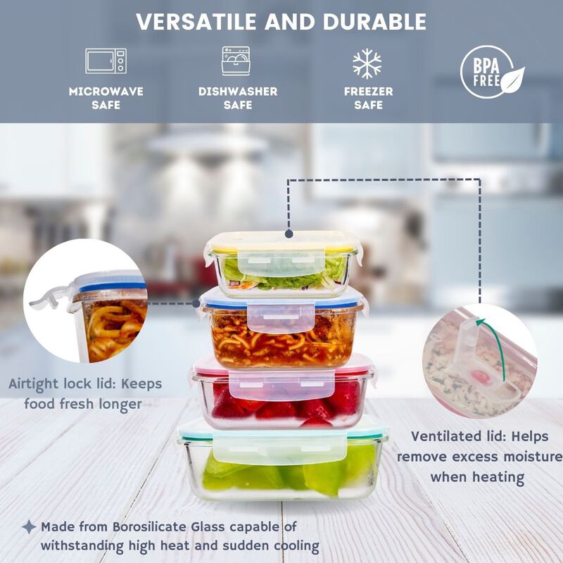 Lexi Home Durable 4 Piece Glass Meal Prep Food Containers with Snap Lock Lids