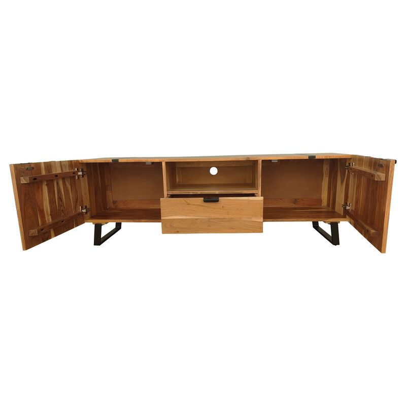Aza 59 Inch Handcrafted TV Console with Drawer Natural Brown Acacia Wood Cabinet - Benzara