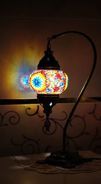 18 in. Handmade Swan Neck Multicolor Star Mosaic Glass Table Lamp with Brass Color Metal Base