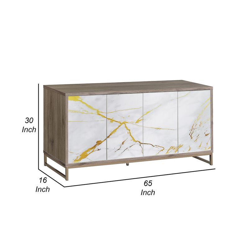 Avia Sideboard Console Cabinet, White Marble Look 4 Door Brown 65 Inch - Benzara