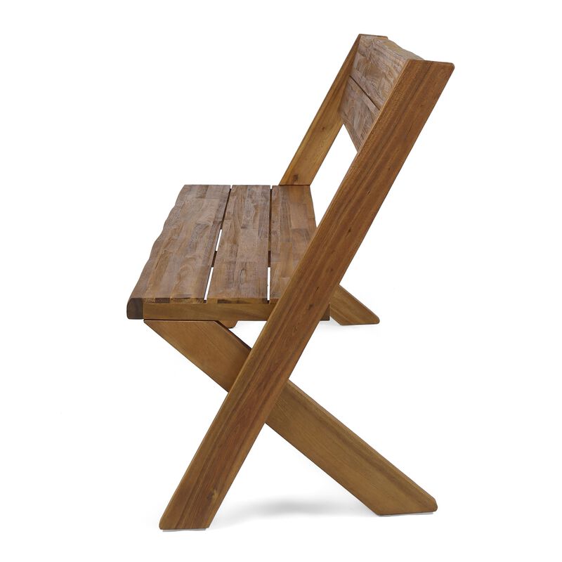 Outdoor Accent Bench, 48 Inch Classic Cross Design, Brown Acacia Wood -Benzara