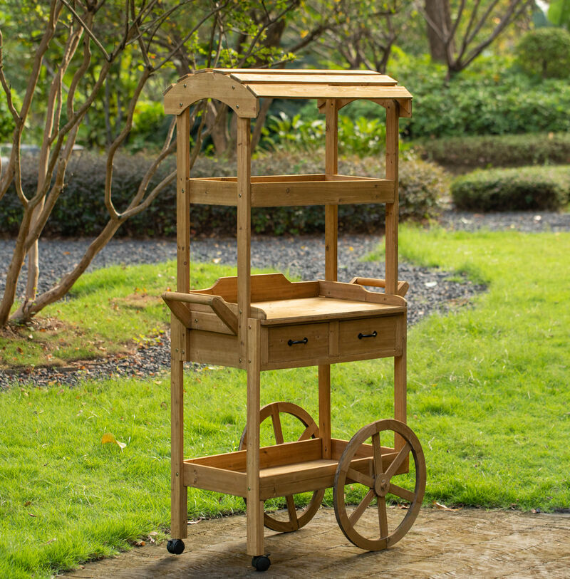 Large Wooden Display Rolling Table with Drawers and Wheels 3 Tier with Shelves for Food and More