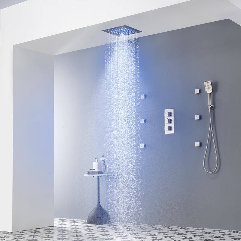 Mondawe 64 Colors LED Light 3 Functions 6 Sprays Flush Ceiling Mounted Thermostatic Shower System with 6 Body Jets and Rough-in Valve in Brushed Gold