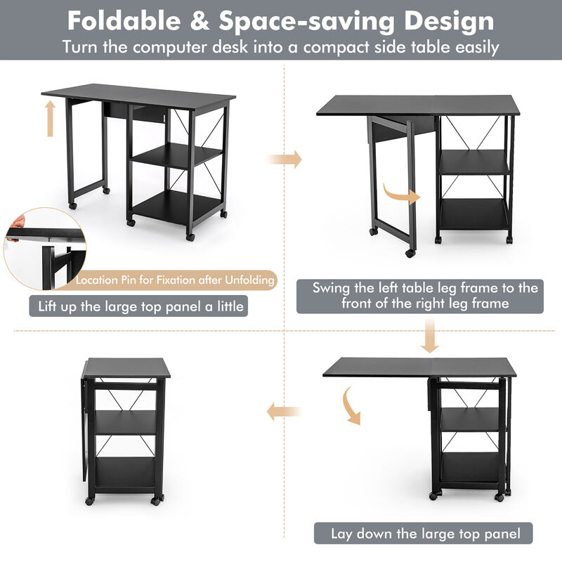 Costway Rolling Computer Desk Folding Writing Office Desk Storage Shelves Black