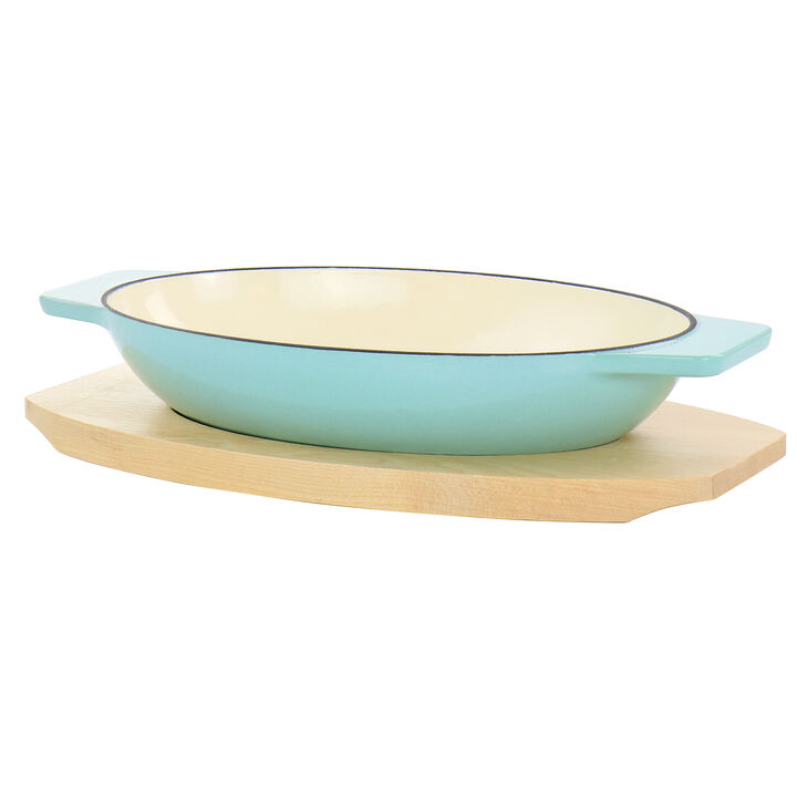 Martha Stewart 2 Piece Enameled Cast Iron Oval Casserole Birch Wood Trivet Set in Aqua