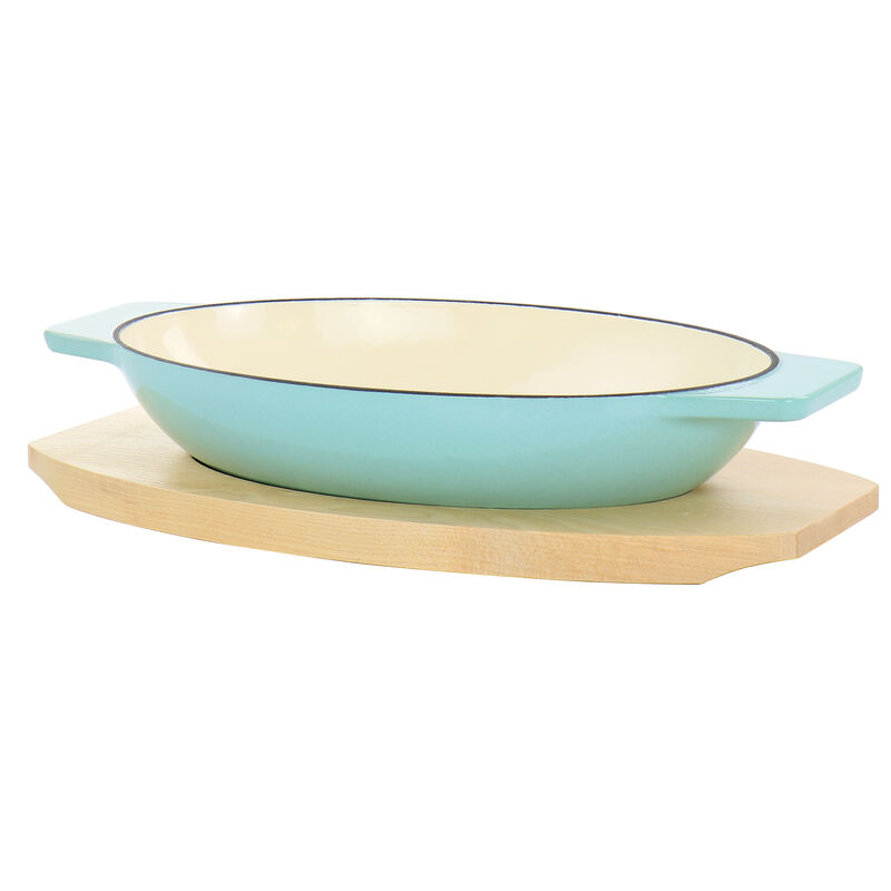 Martha Stewart 2 Piece Enameled Cast Iron Oval Casserole Birch Wood Trivet Set in Aqua