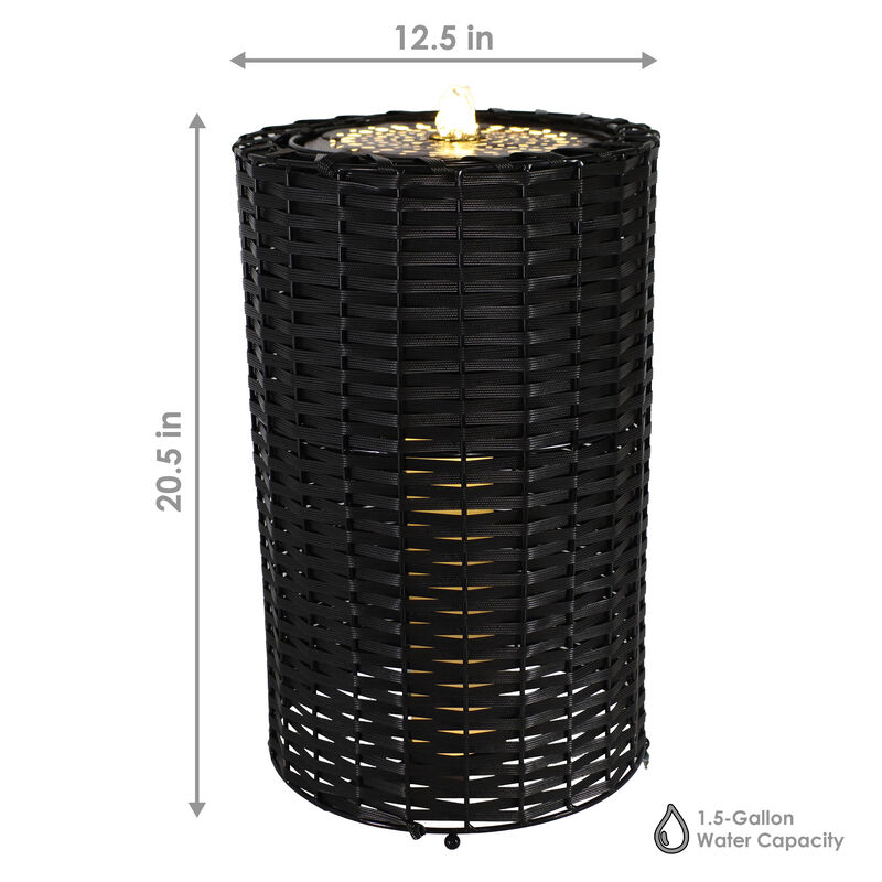 Sunnydaze Plastic Wicker Cylinder Water Fountain with LED Lights
