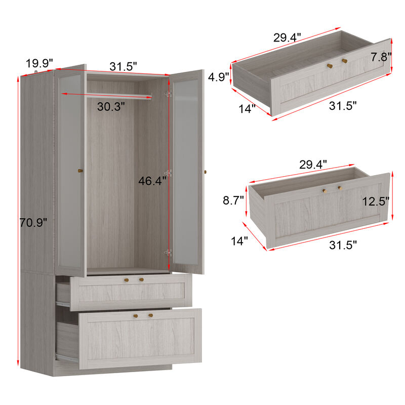 FUFU&GAGA Wardrobe Closet with Hanging Rod and Storage Drawers for Bedroom (31.5" W x 19.9" D x 70.9" H) Brown