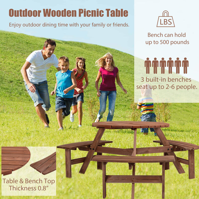 6-Person Outdoor Circular Picnic Table Patio Dining Set with 3 Built-in Benches for Backyard & Garden