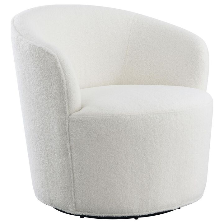 30 Inch Swivel Accent Chair, Barrel Inspired Design, Faux Sheepskin, White - Benzara