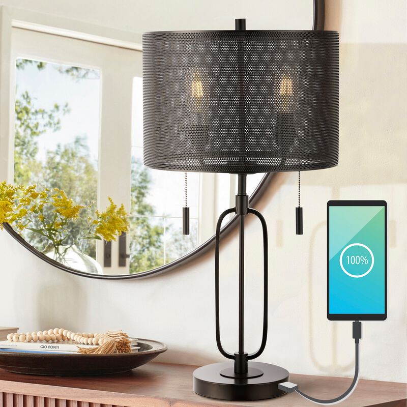 Hank 2-Light Industrial Farmhouse Iron LED Table Lamp with USB Charging Port