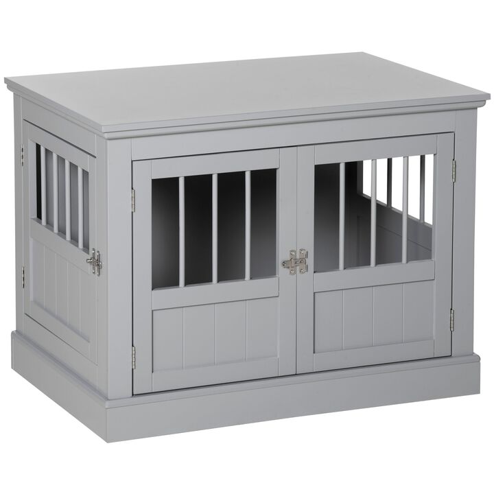 Pewter Gray Pet Furniture: Wooden Dog Crate End Table with 3 Doors