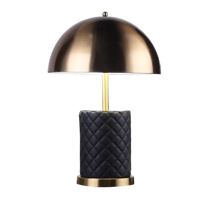 Aria 21 Inch Table Lamp, Dome Shade, Round Base, Black Faux Leather, Brass-Benzara