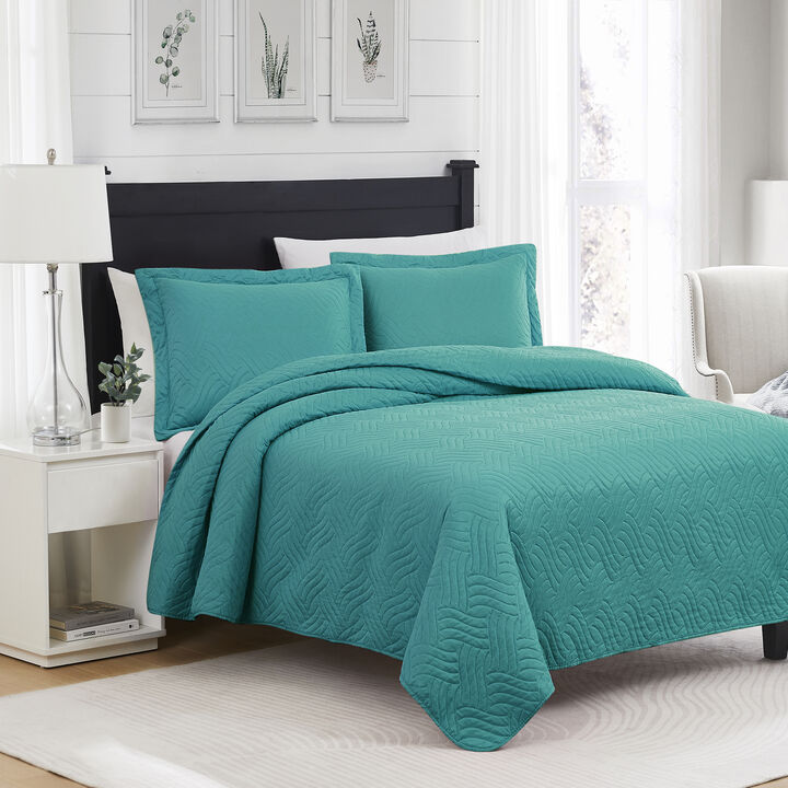 RT Designers Collection Ruby 3pc Pinsonic High Quality All Season Quilt Set for Revitalize Bedroom Queen  Turquoise