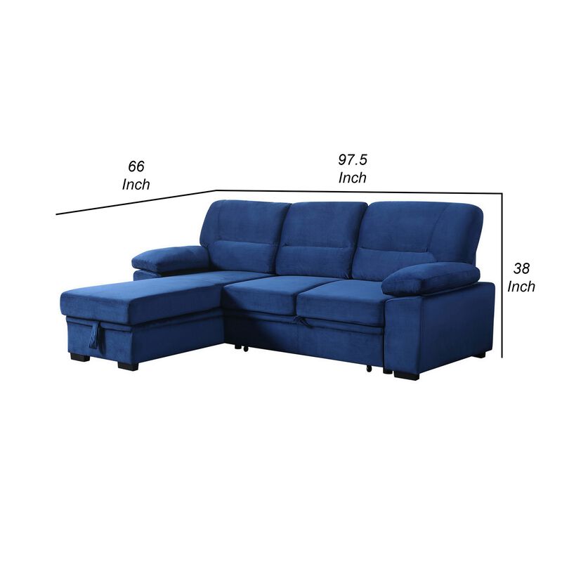 Exie 98 Inch 2 Piece Sectional Sofa, Pull Out Bed, Storage, Blue Velvet-Benzara