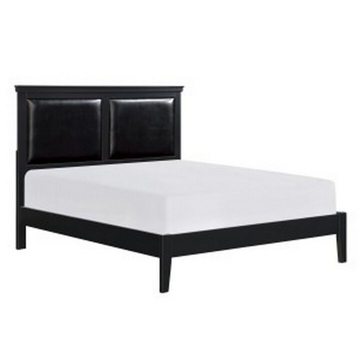 Brite Queen Size Bed, Black Faux Leather Upholstered Headboard, Low Profile - Benzara