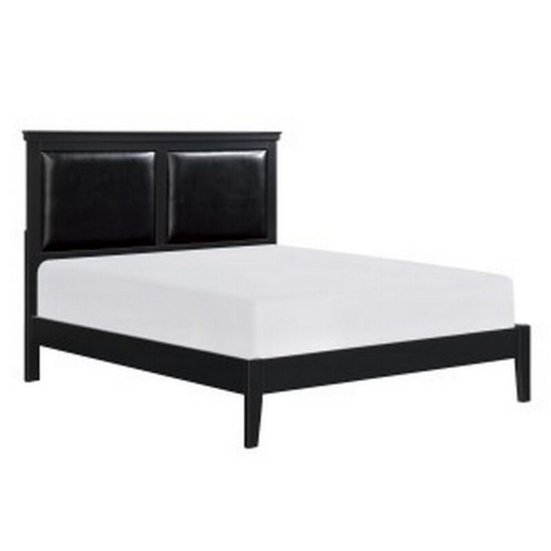 Brite Queen Size Bed, Black Faux Leather Upholstered Headboard, Low Profile - Benzara