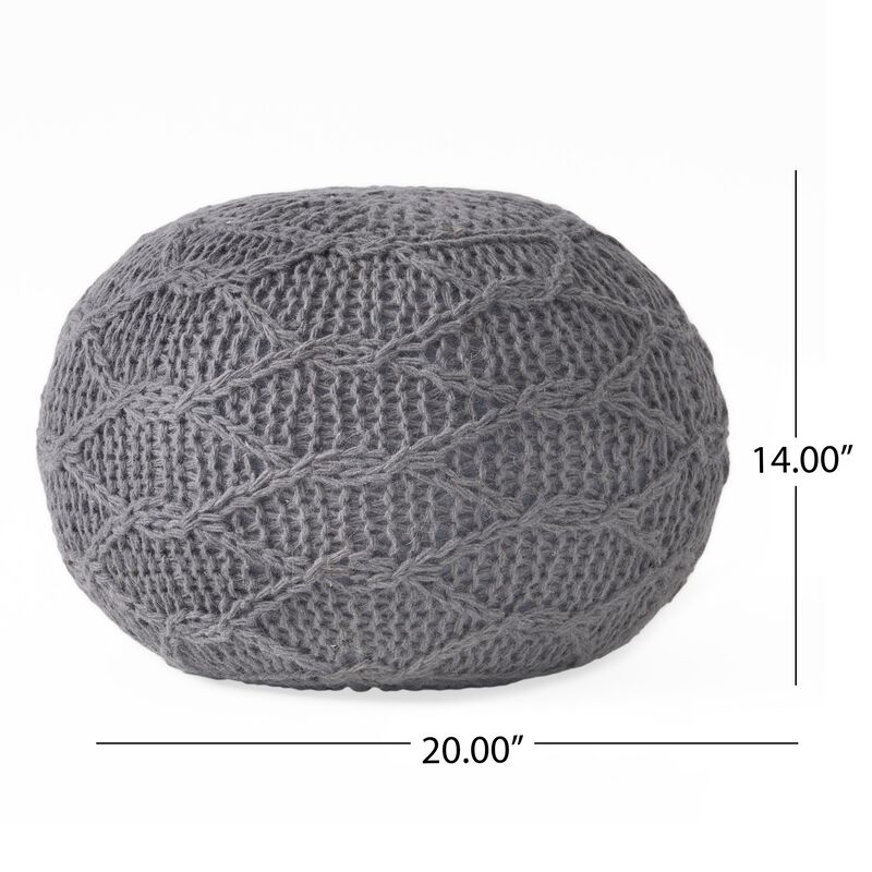 Ottoman Pouf, 20 Inch Round Shape, Knitted Boho Design, Gray Wool - Benzara