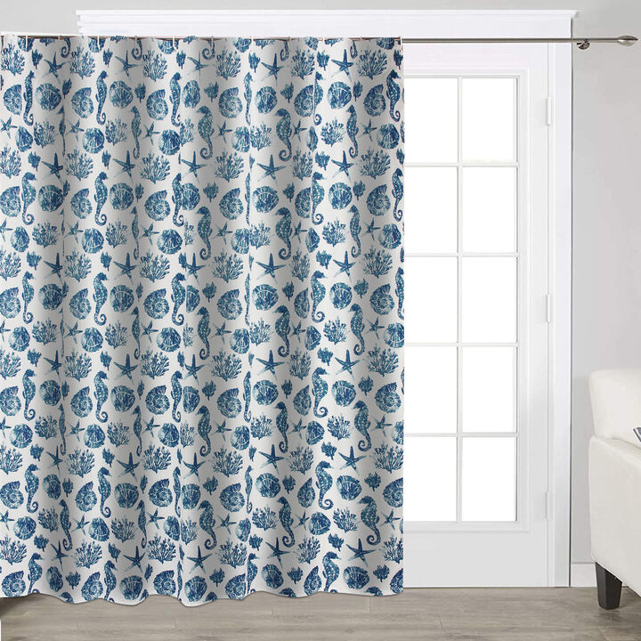 Riga 72 Inch Shower Curtain, Blue Seashells Print, Button Holes, Microfiber-Benzara