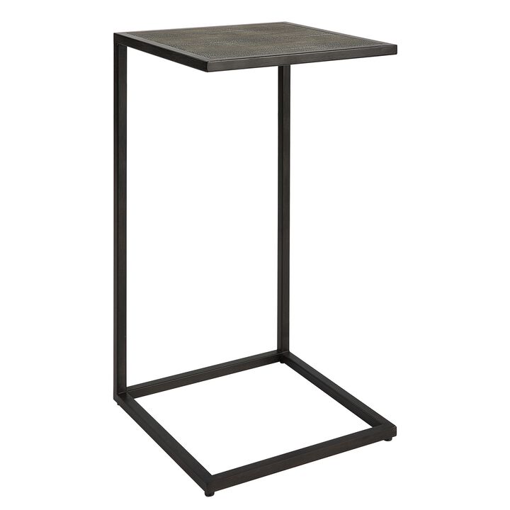 24 Inch Accent Table, Open C Shape, Gray Shagreen Top, Antique Black - Benzara