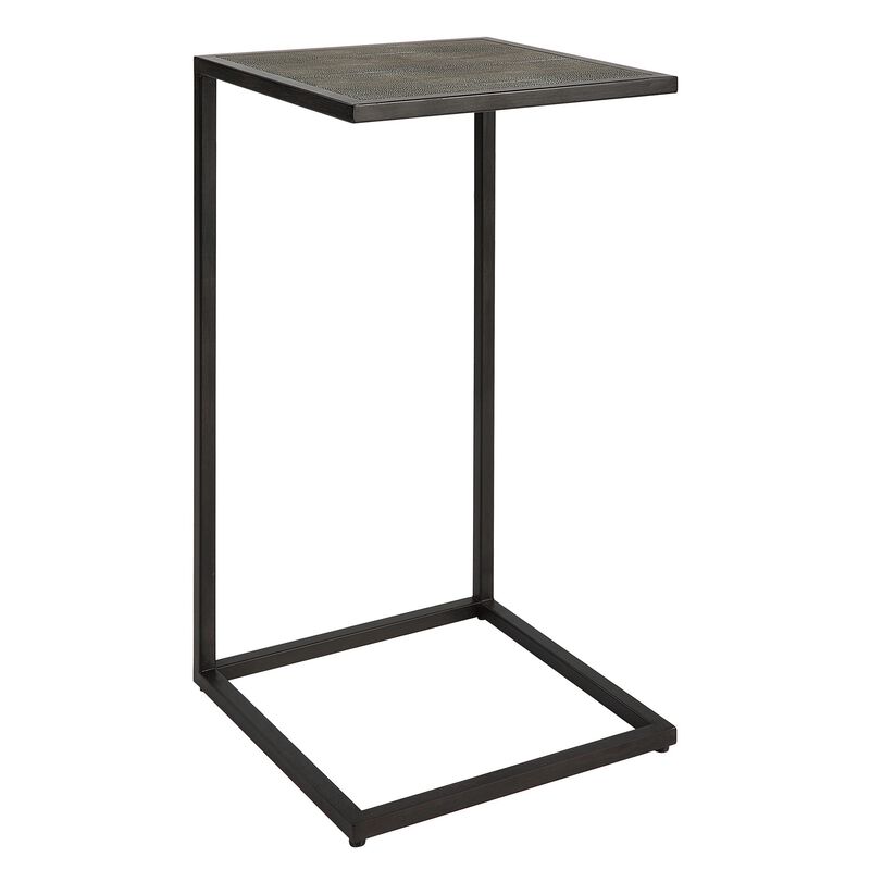 24 Inch Accent Table, Open C Shape, Gray Shagreen Top, Antique Black - Benzara
