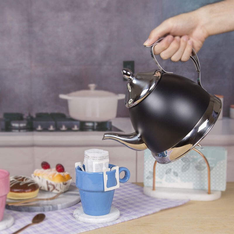 Dog's Bistro by Creative HomeEvco International 77061 Nobili 2.0 Qt. Stainless Steel Tea Kettle with Removable Infuser Basket, quart, Opaque Black, 2.0 quart