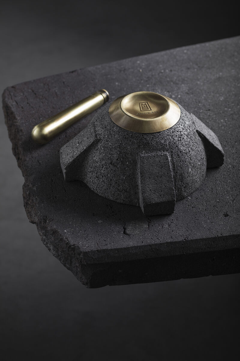 MORTERO Decorative Volcanic Stone Bowl with Aged Bronze Details by ANDEAN, In Stock