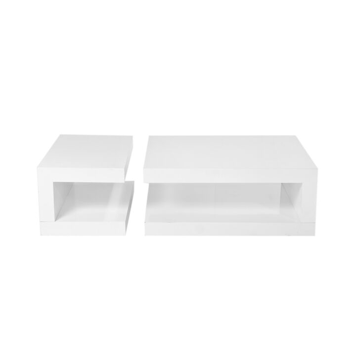 Jack 2 Piece Coffee Table Set, 2 Tiers, Tempered Glass, White Lacquer - Benzara