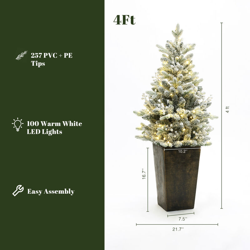 LuxenHome 4Ft Pre-Lit Flocked Artificial Tree in Tall Pot