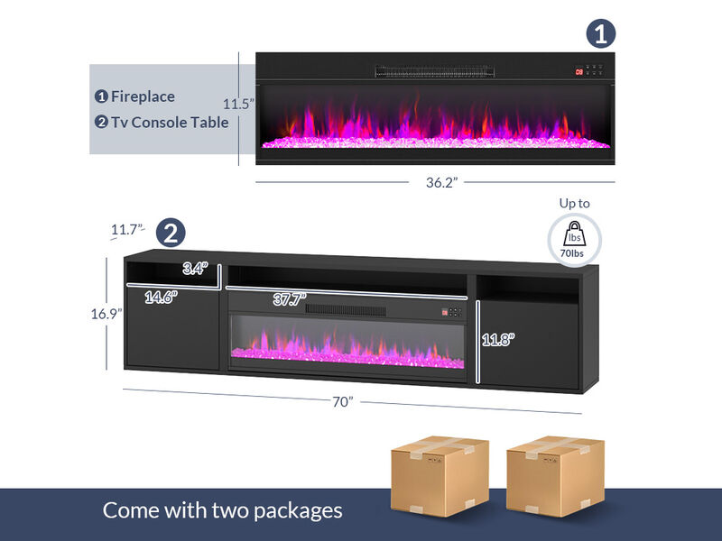 BELLEZE Floating Fireplace TV Stand Wall Mounted with 36" Electric Fireplace Heater, 70" LED Entertainment Center with Storage for TVs up to 75", Modern Media Console TV Shelf For Living Room (Black)