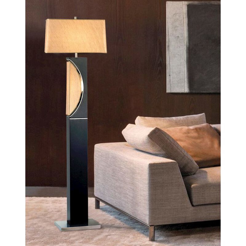 NOVA OF CALIFORNIA Half Moon Floor Lamp with Nightlight - Dark Brown, Etruscan Gold Linen Shade