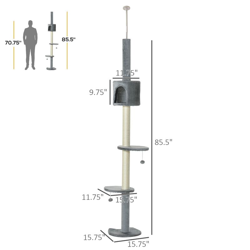 Grey Feline Playground: 85.5" Adjustable Height 4-Tier Cat Tree