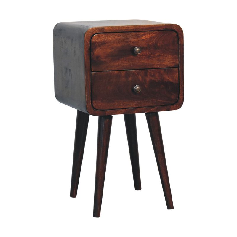 Mini Light Walnut  Solid Wood 2 Drawers Curved NightStand