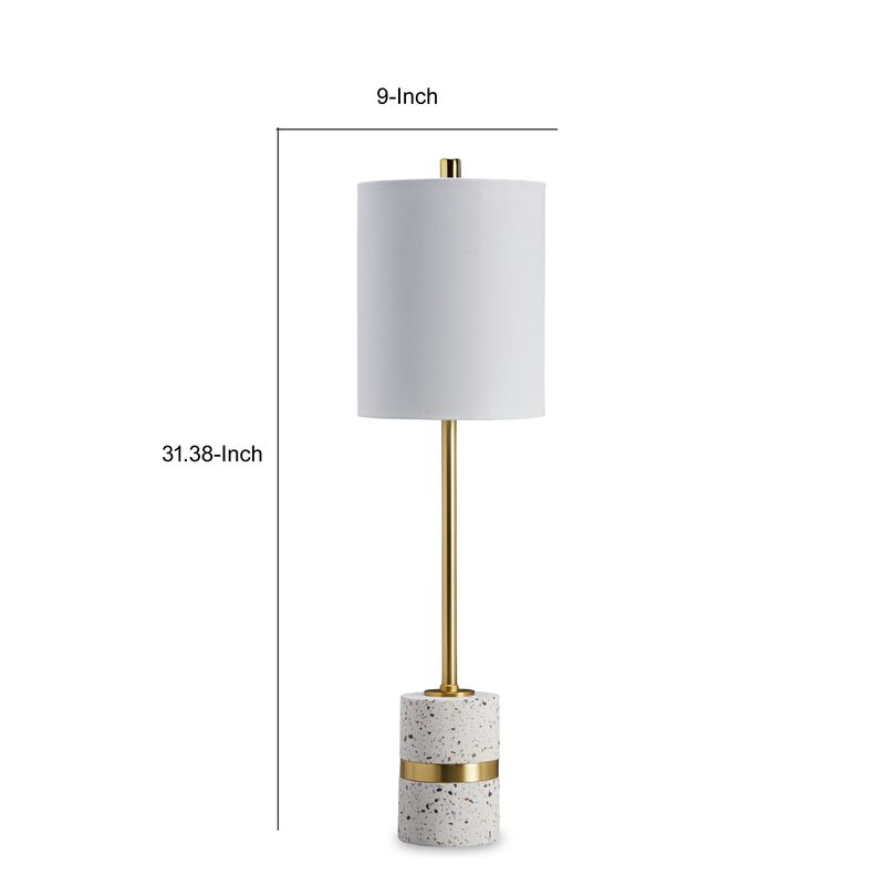 Joen 31 Inch Modern Table Lamp, Round White Terrazzo Base, Gold Brass Metal - Benzara