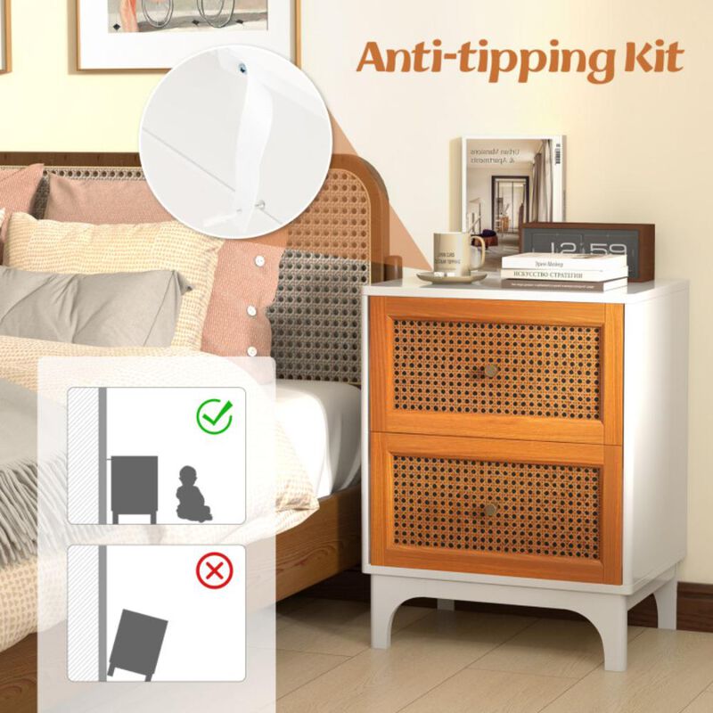 Hivvago Boho Accent Table Nightstand with 2 Handwoven Rattan Decorated Drawers-White