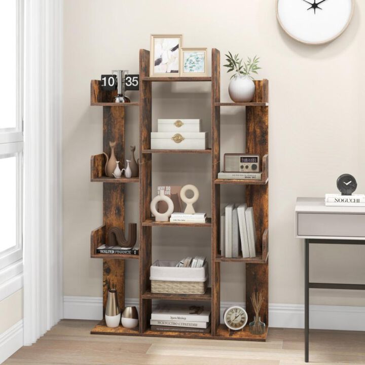 Hivvago Tree-Shaped Bookshelf with 13 Compartments for Home Office-Rustic Brown