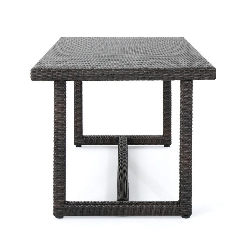 Sanie Outdoor Dining Table, 59 Inch Top, Iron Frame, Brown Resin Wicker